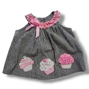 Rare, too Baby Girls Cupcake Sleeveless Top – 18M Black Gingham Pink Bow